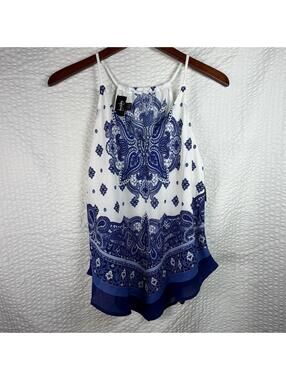By & By Tank Top Size Large Womens VNeck Blue Damask Sleeveless Handkerchief NWT